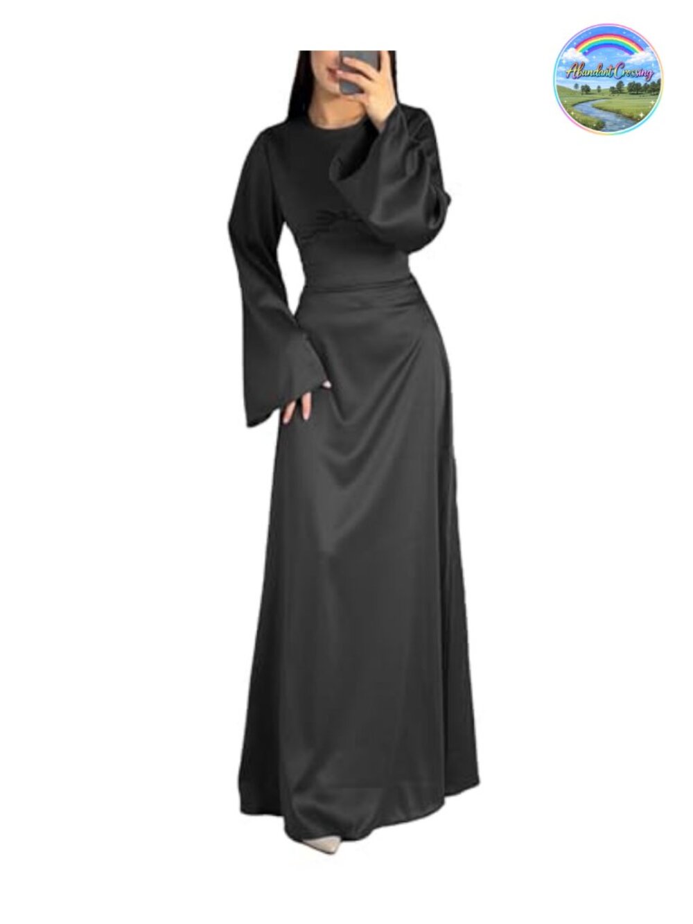 Women's Satin Maxi Dress Bell Sleeve Lace Up Backless Formal Gown